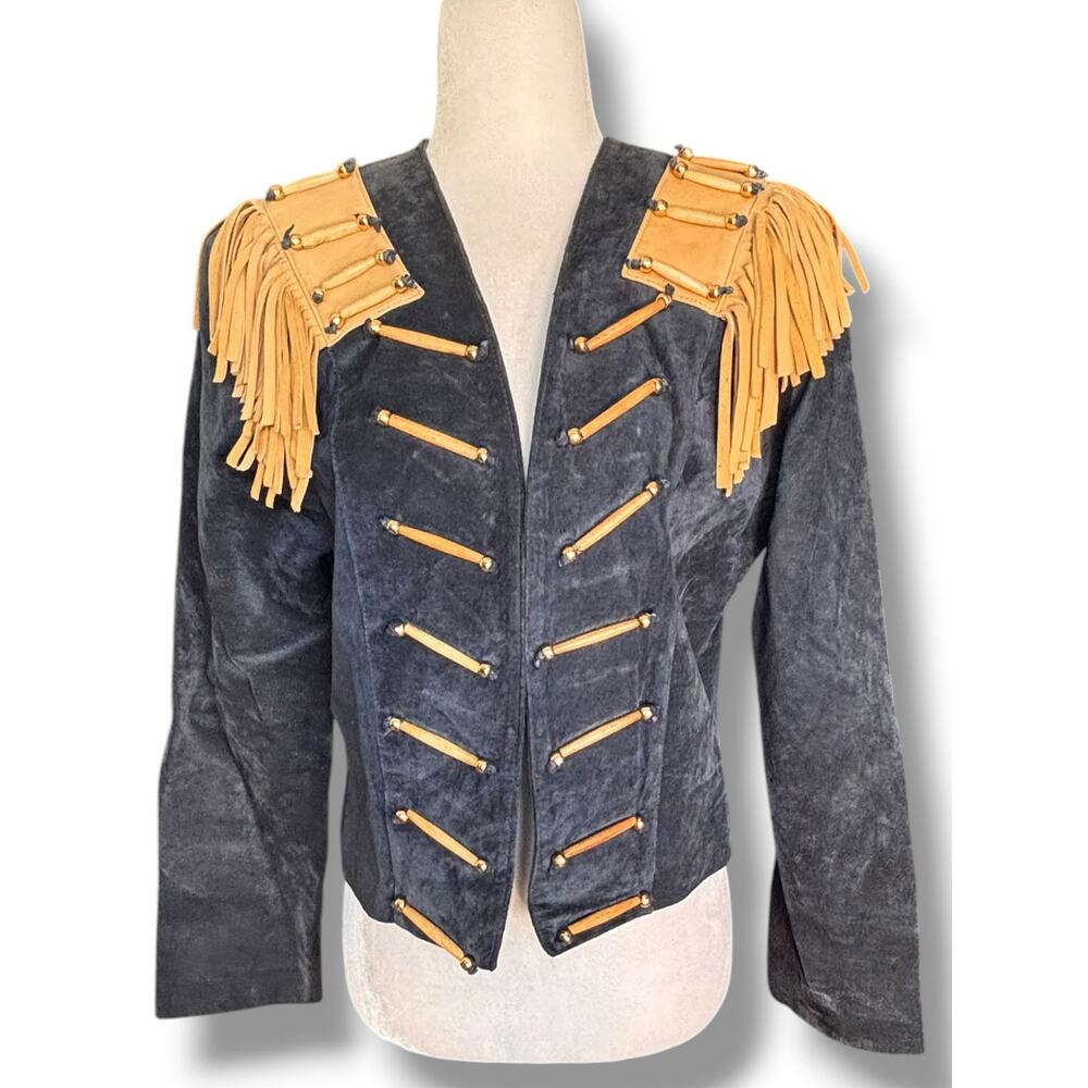 Vintage Black Suede Tan Fringe Military Jacket Small Western Rocker Leather